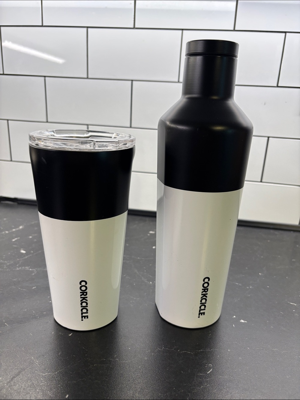 Corkcicle Two-Tone Black & White Travel Tumbler and Bottle Set